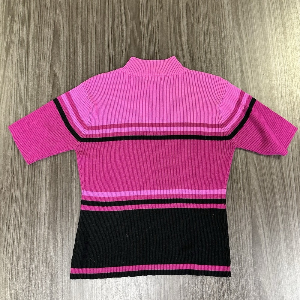 Worthington Pink Black Striped Mock Neck Knit Sweater Women's L Short Sleeve NWT